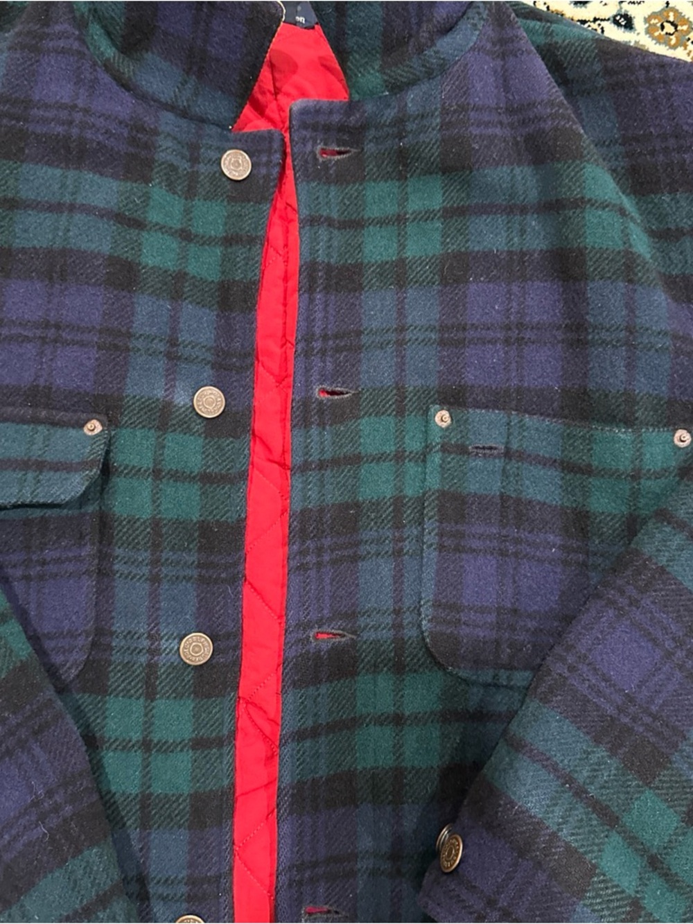 Vintage Polo by Ralph Lauren Green & Navy Plaid Jacket with Red Quilted Lining